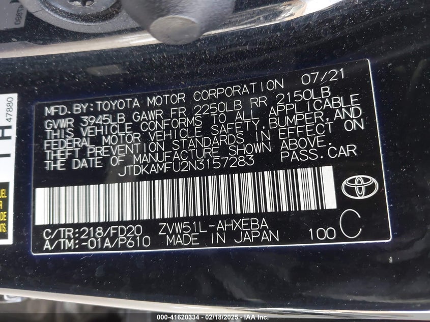 2022 TOYOTA PRIUS VIN: JTDKAMFU2N3157283