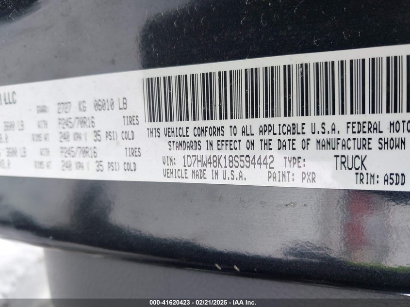 2008 DODGE DAKOTA VIN: 1D7HW48K18S594442