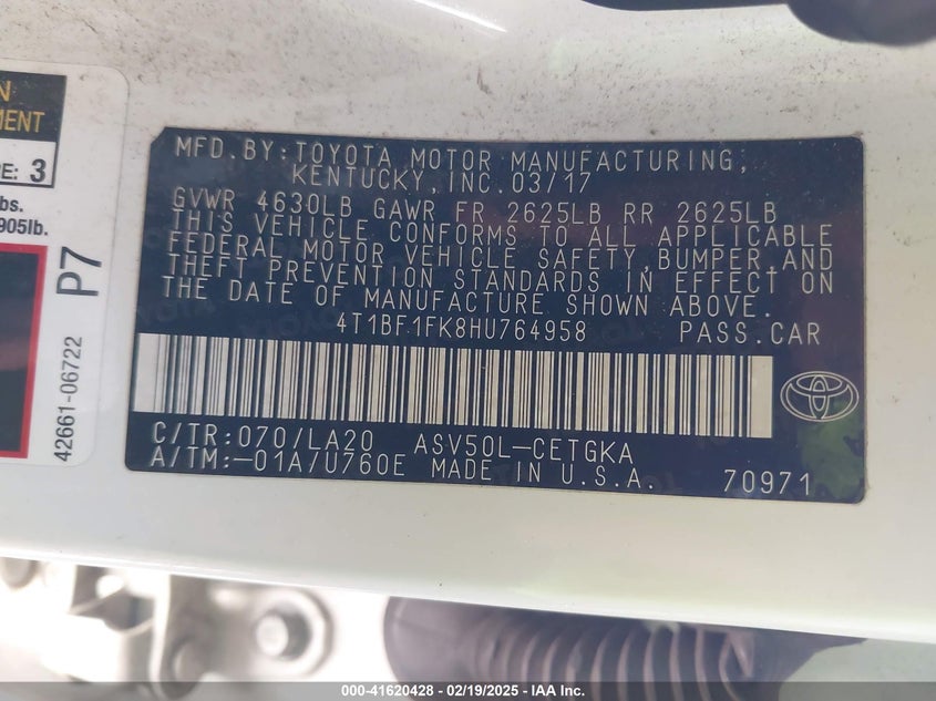 2017 TOYOTA CAMRY VIN: 4T1BF1FK8HU764958
