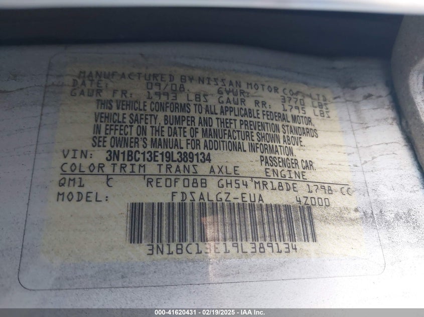2009 NISSAN VERSA VIN: 3N1BC13E19L389134