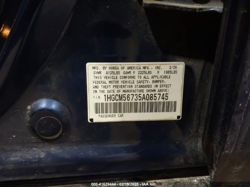 2005 Honda Accord 2.4 Ex VIN: 1HGCM56735A085745 Lot: 41620444