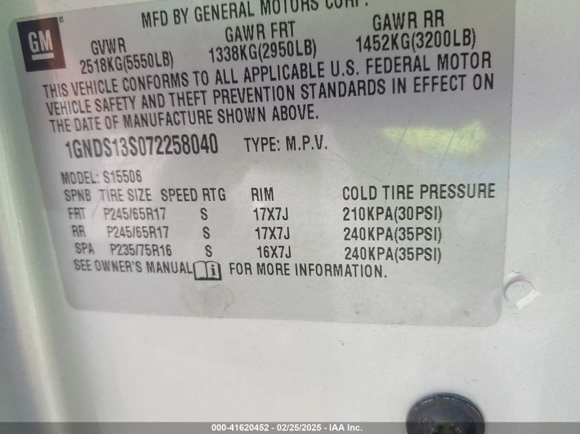 2007 Chevrolet Trailblazer Lt VIN: 1GNDS13S072258040 Lot: 41620452