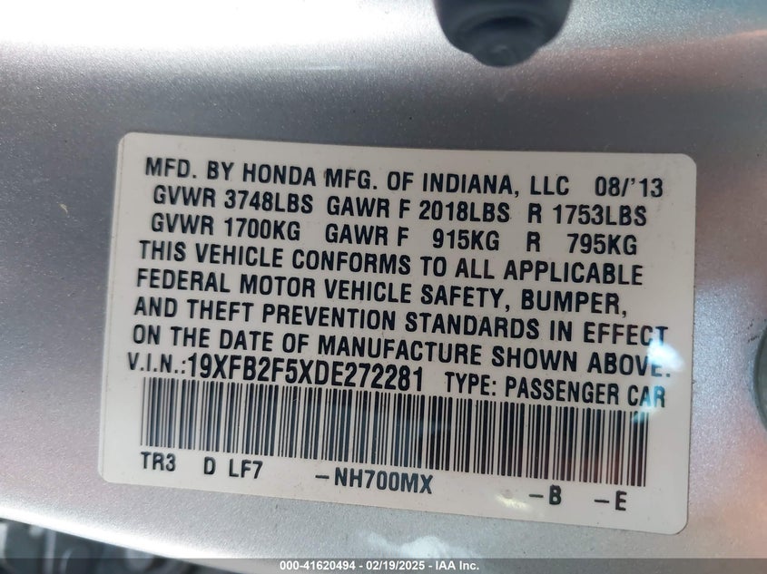 2013 HONDA CIVIC VIN: 19XFB2F5XDE272281