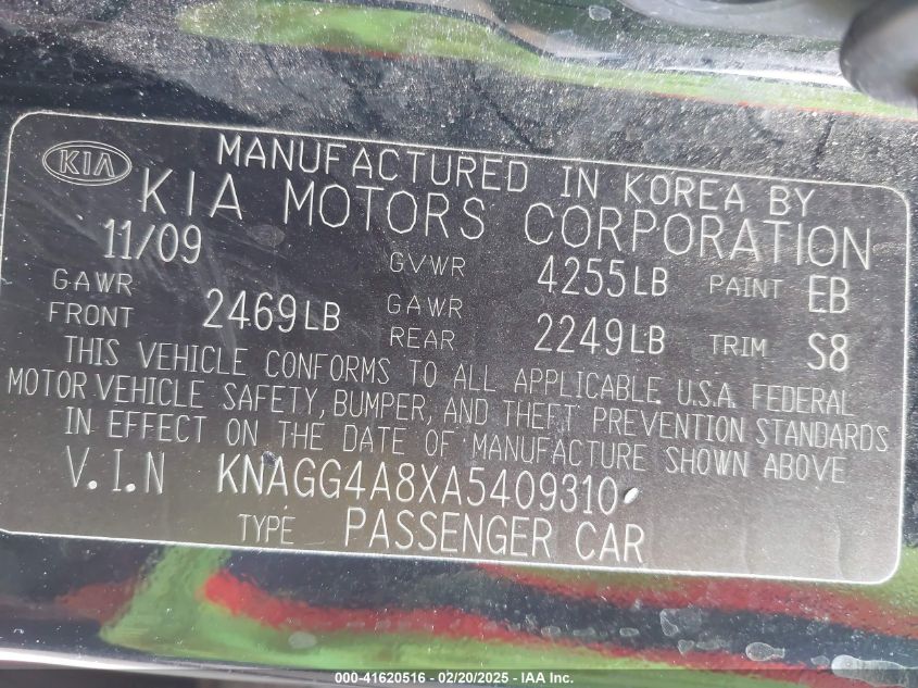 2010 Kia Optima Lx VIN: KNAGG4A8XA5409310 Lot: 41620516