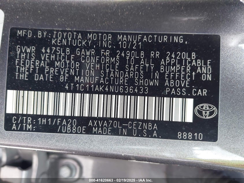 2022 TOYOTA CAMRY VIN: 4T1C11AK4NU636433