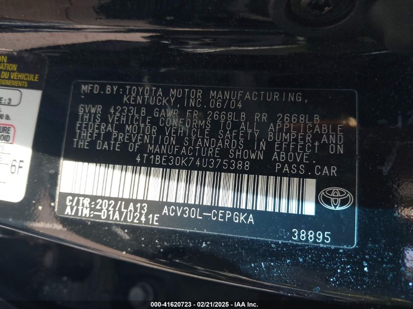 2004 Toyota Camry Xle VIN: 4T1BE30K74U375388 Lot: 41620723