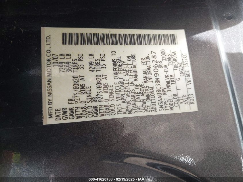 2008 Infiniti Qx56 VIN: 5N3AA08C38N906287 Lot: 41620788