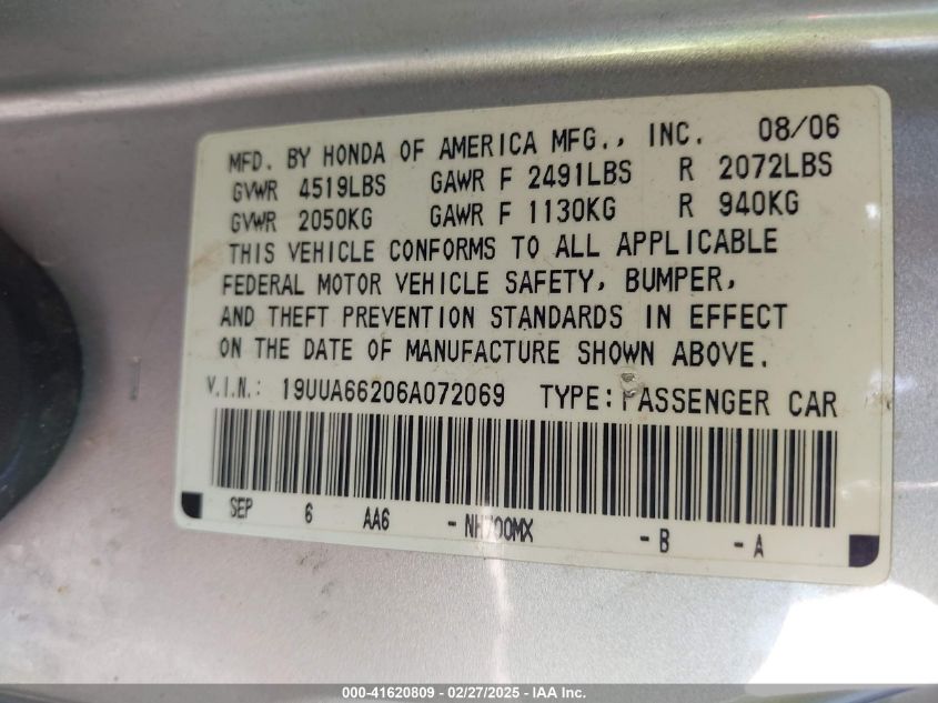 2006 Acura Tl VIN: 19UUA66206A072069 Lot: 41620809