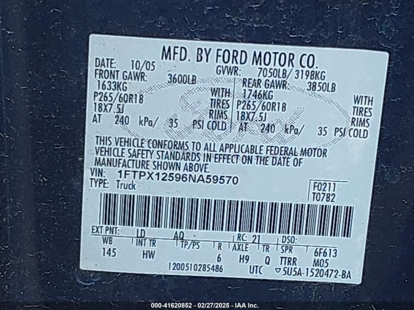 2006 Ford F-150 Lariat/Xl/Xlt VIN: 1FTPX12596NA59570 Lot: 41620852