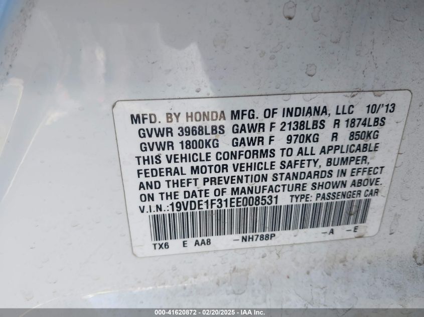 2014 Acura Ilx 2.0L VIN: 19VDE1F31EE008531 Lot: 41620872