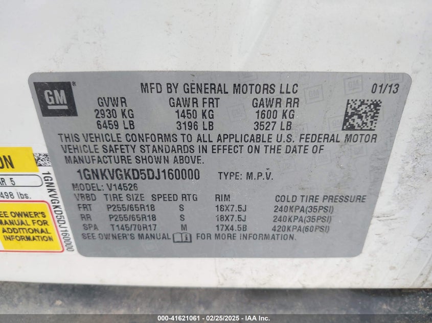 2013 CHEVROLET TRAVERSE VIN: 1GNKVGKD5DJ160000