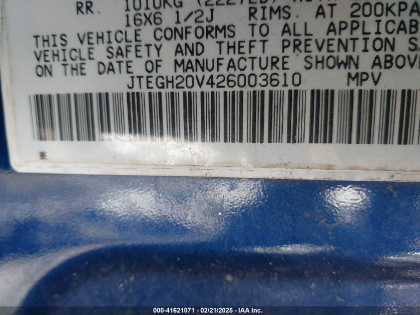 2002 Toyota Rav4 VIN: JTEGH20V426003610 Lot: 41621071