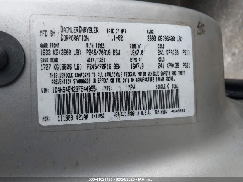 2003 Dodge Durango VIN: ID4HS48N23F544055 Lot: 41621126