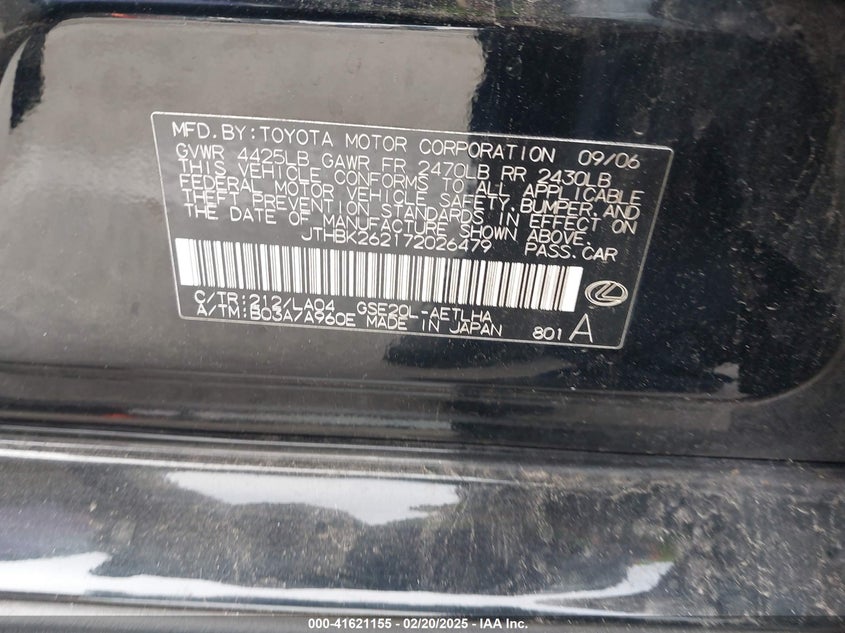 2007 LEXUS IS VIN: JTHBK262172026479