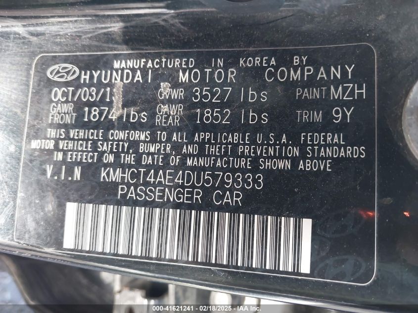 2013 Hyundai Accent Gls VIN: KMHCT4AE4DU579333 Lot: 41621241