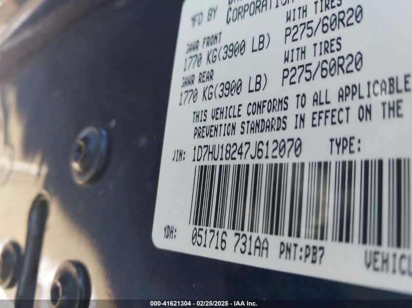 2007 Dodge Ram 1500 Slt/Trx4 Off Road/Sport VIN: 1D7HU18247J612070 Lot: 41621304