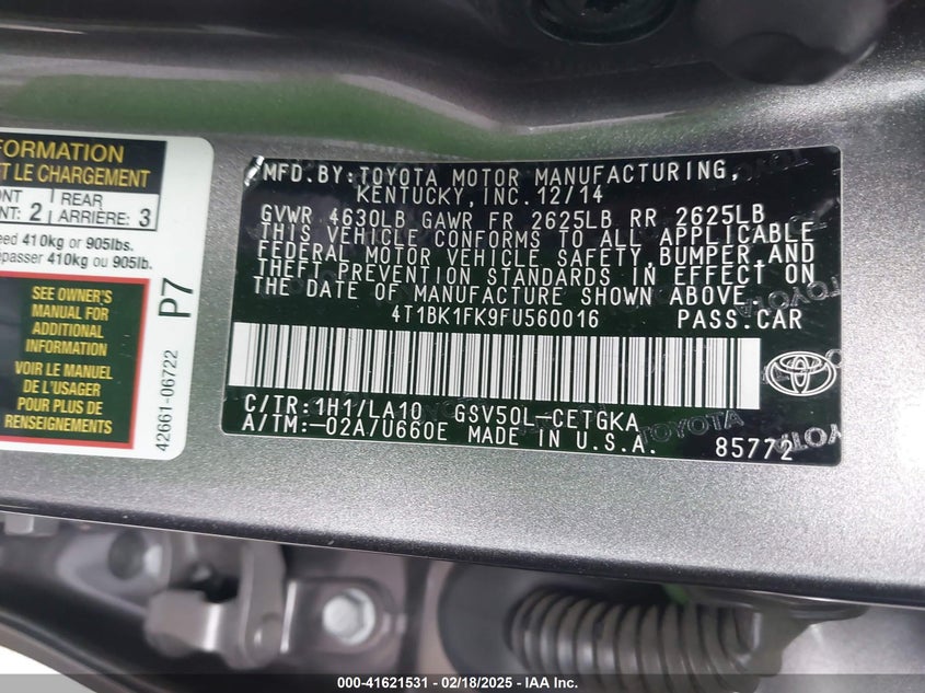 2015 TOYOTA CAMRY VIN: 4T1BK1FK9FU560016