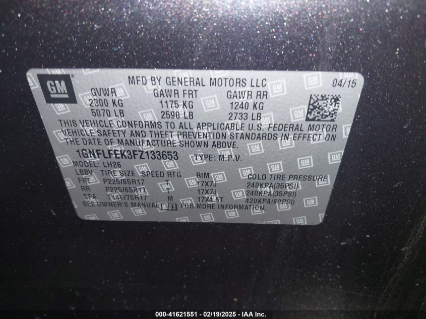 2015 Chevrolet Equinox 1Lt VIN: 1GNFLFEK3FZ133653 Lot: 41621551