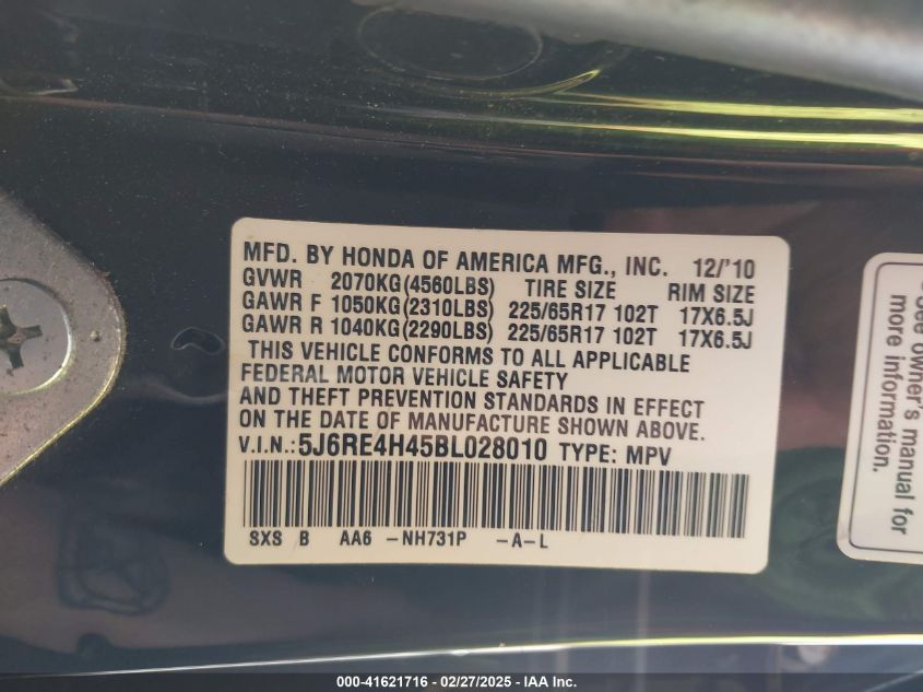 2011 Honda Cr-V Se VIN: 5J6RE4H45BL028010 Lot: 41621716