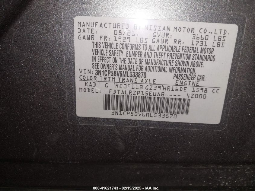 2021 Nissan Kicks S Xtronic Cvt VIN: 3N1CP5BV6ML533870 Lot: 41621743