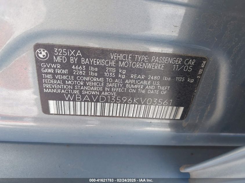 2006 BMW 325Xi VIN: WBAVD13596KV03561 Lot: 41621783
