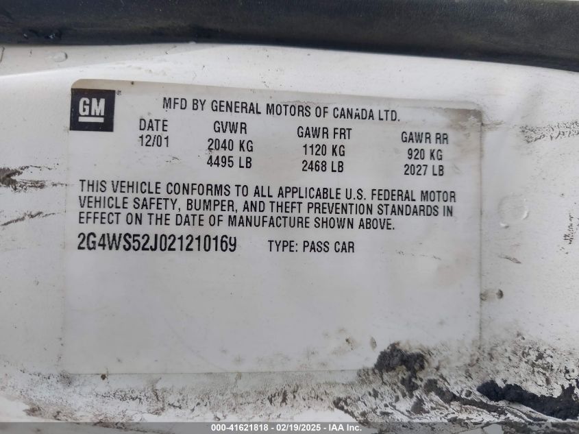 2002 Buick Century Custom VIN: 2G4WS52J021210169 Lot: 41621818