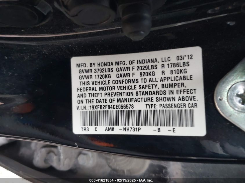 2012 Honda Civic Ex VIN: 19XFB2F84CE056578 Lot: 41621854