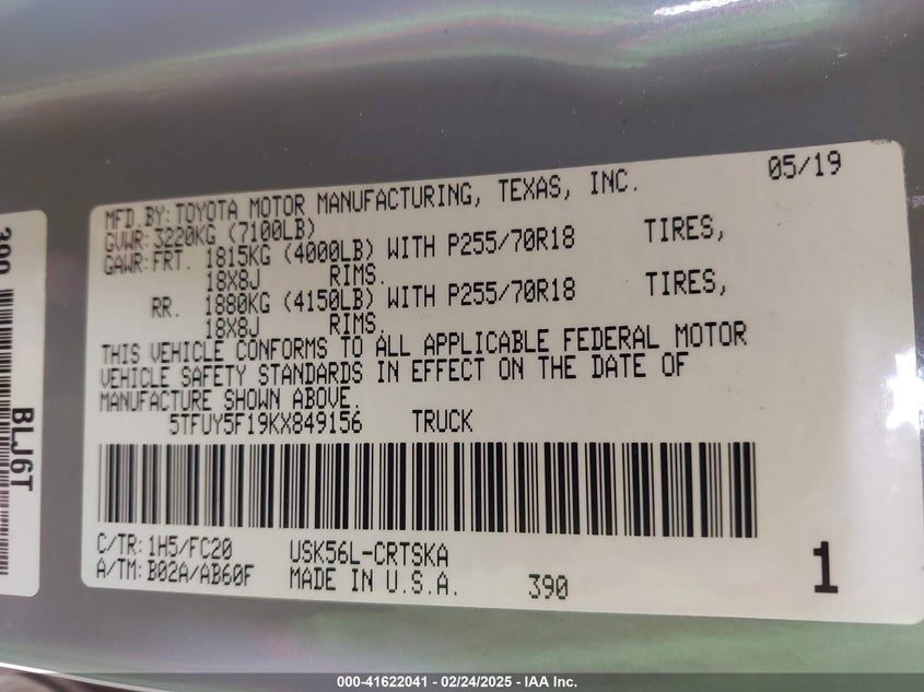 2019 TOYOTA TUNDRA VIN: 5TFUY5F19KX849156