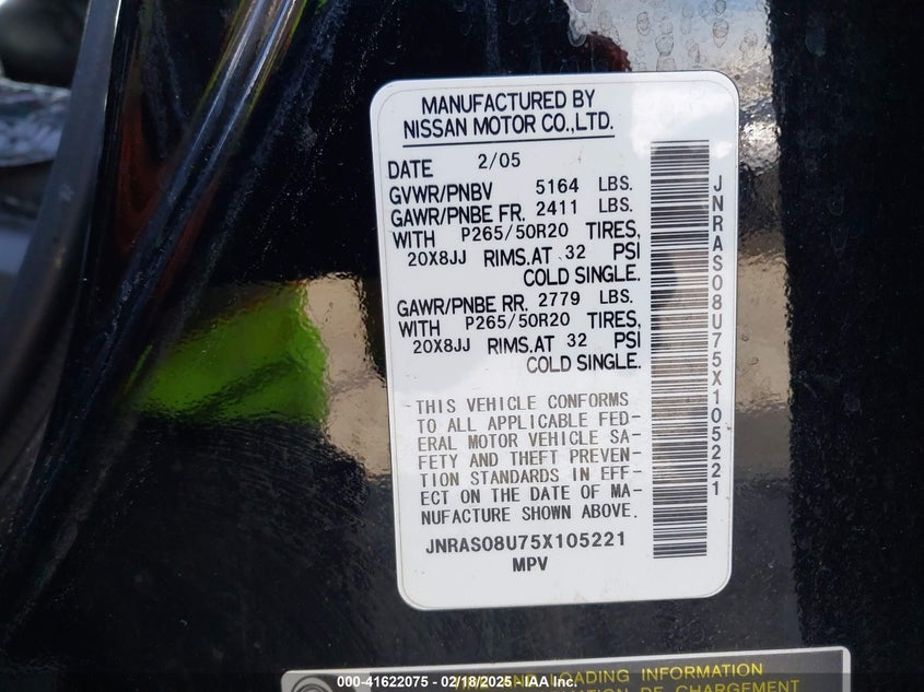 2005 Infiniti Fx35 VIN: JNRAS08U75X105221 Lot: 41622075