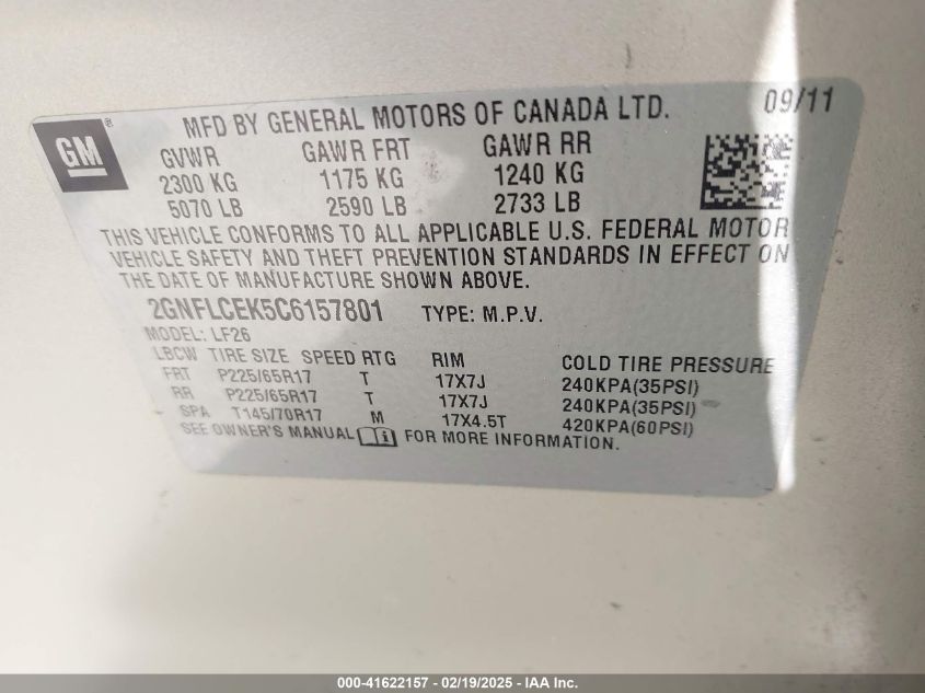 2012 Chevrolet Equinox Ls VIN: 2GNFLCEK5C6157801 Lot: 41622157