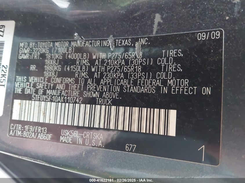 2010 Toyota Tundra Grade 5.7L V8 VIN: 5TFUY5F10AX110742 Lot: 41622181