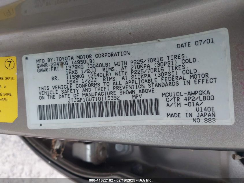 2001 Lexus Rx 300 VIN: JTJGF10U710115392 Lot: 41622182