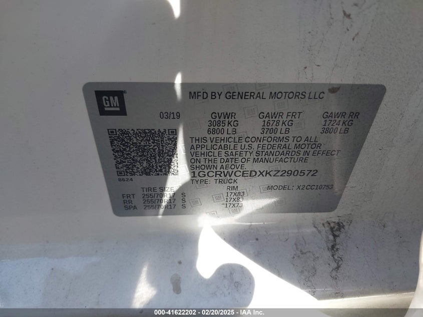 2019 CHEVROLET SILVERADO 1500 VIN: 1GCRWCEDXKZ290572
