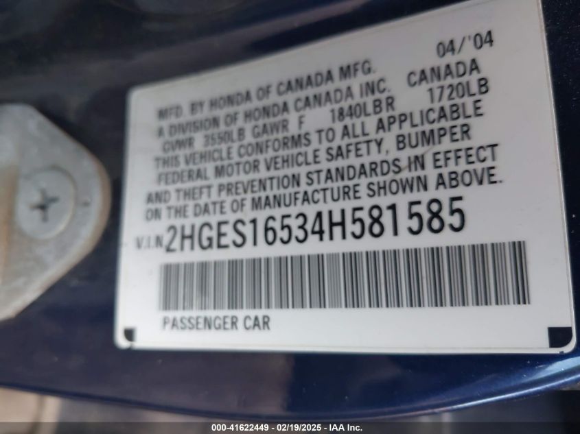 2004 Honda Civic Lx VIN: 2HGES16534H581585 Lot: 41622449