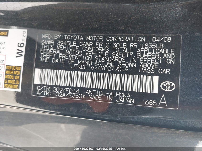 2009 SCION TC VIN: JTKDE167490279049