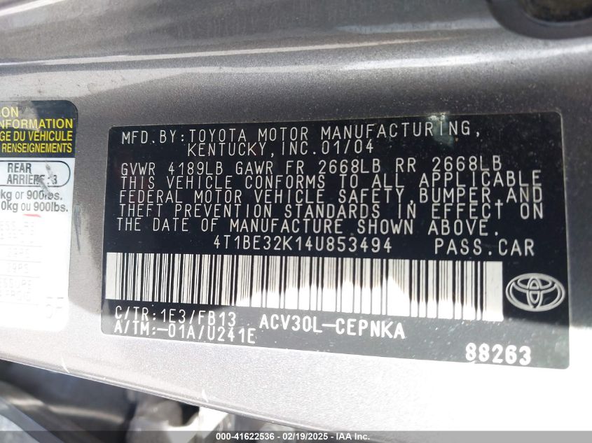 2004 Toyota Camry Le VIN: 4T1BE32K14U853494 Lot: 41622536