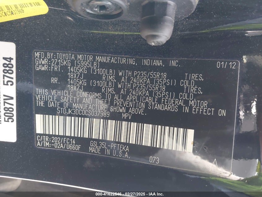2012 TOYOTA SIENNA VIN: 5TDJK3DC0CS037989