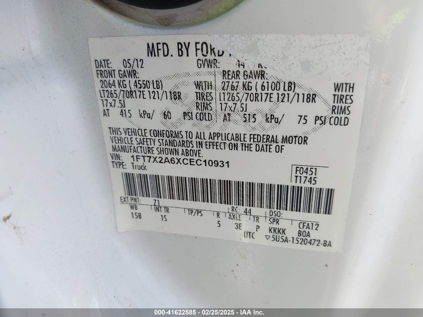 2012 Ford F-250 Xl VIN: 1FT7X2A6XCEC10931 Lot: 41622585