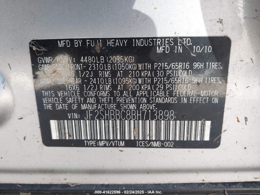 2011 Subaru Forester 2.5X VIN: JF2SHBBC8BH713898 Lot: 41622596
