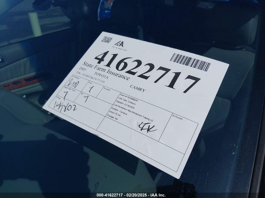 2003 Toyota Camry Xle VIN: 4T1BE32K23U717101 Lot: 41622717