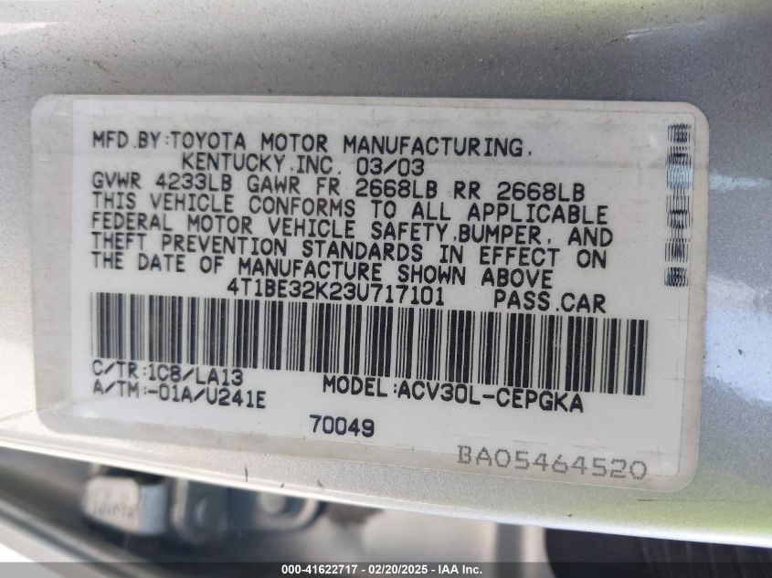 2003 Toyota Camry Xle VIN: 4T1BE32K23U717101 Lot: 41622717