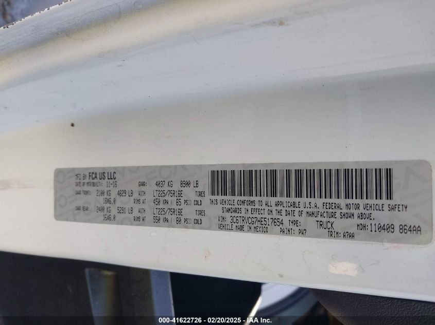 2017 Ram Promaster 2500 High Roof 136 Wb VIN: 3C6TRVCG7HE517654 Lot: 41622726