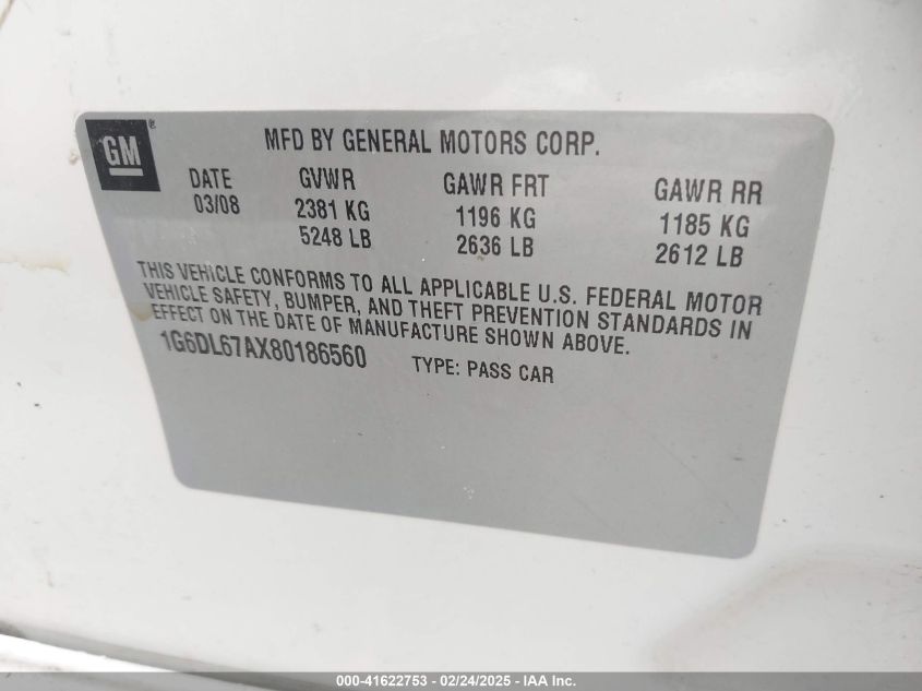 2008 Cadillac Sts V8 VIN: 1G6DL67AX80186560 Lot: 41622753