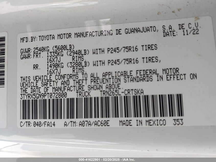 2023 TOYOTA TACOMA(VIN: 3TYRX5GN9PT072800