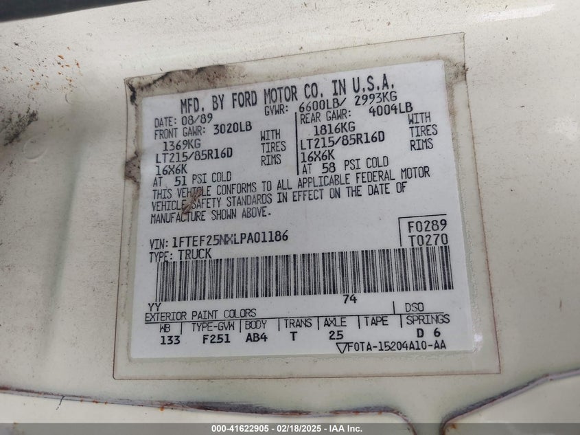 1990 Ford F250 VIN: 1FTEF25NXLPA01186 Lot: 41622905