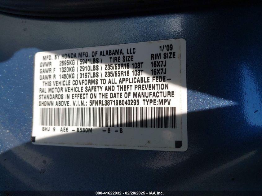 2009 Honda Odyssey Ex-L VIN: 5FNRL38719B040295 Lot: 41622932