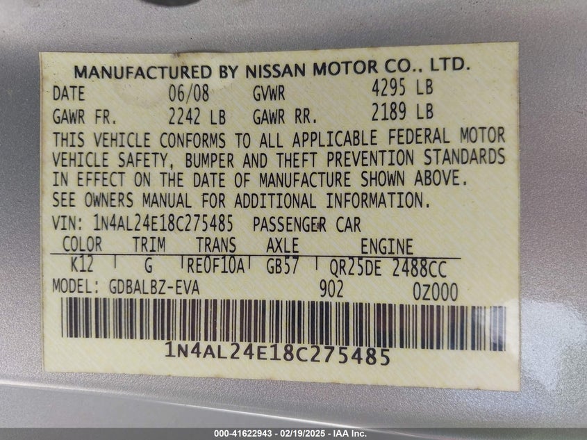 2008 Nissan Altima 2.5 S VIN: 1N4AL24E18C275485 Lot: 41622943