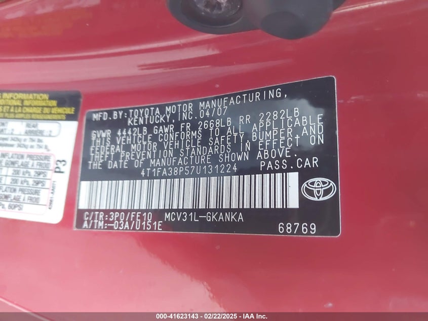 2007 TOYOTA CAMRY SOLARA VIN: 4T1FA38P57U131224