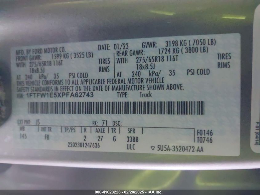 2023 Ford F-150 Xlt VIN: 1FTFW1E5XPFA62743 Lot: 41623225