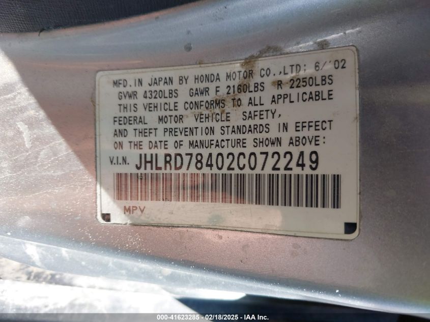 2002 Honda Cr-V Lx VIN: JHLRD78402C072249 Lot: 41623285